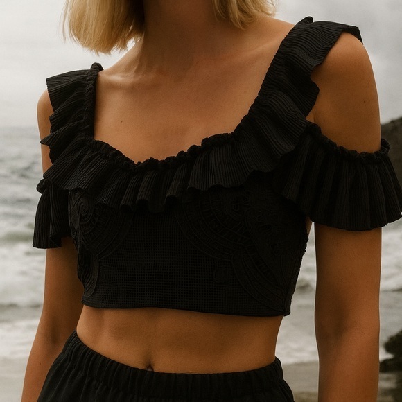 Alice McCall black ruffled lace crop top NWT